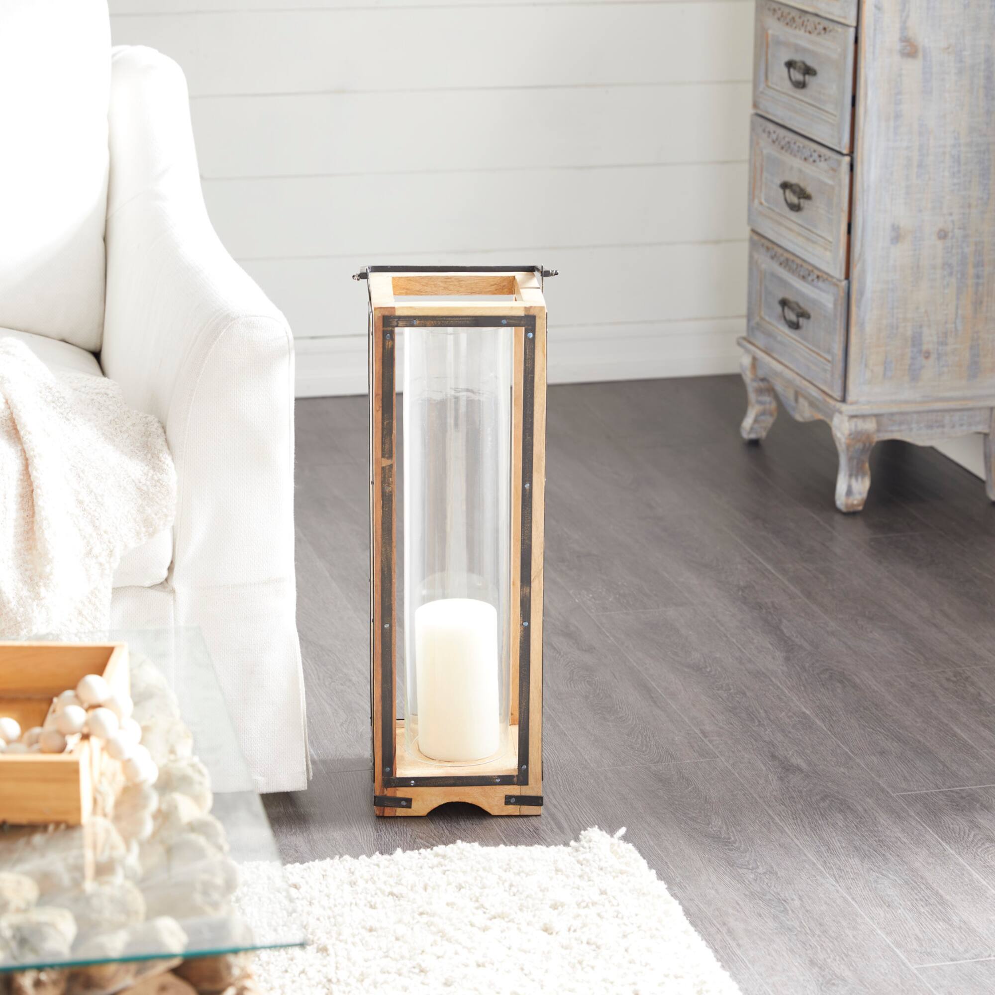 Brown Mango Wood Traditional Candle Holder Lantern, 31" x 8" x 8"